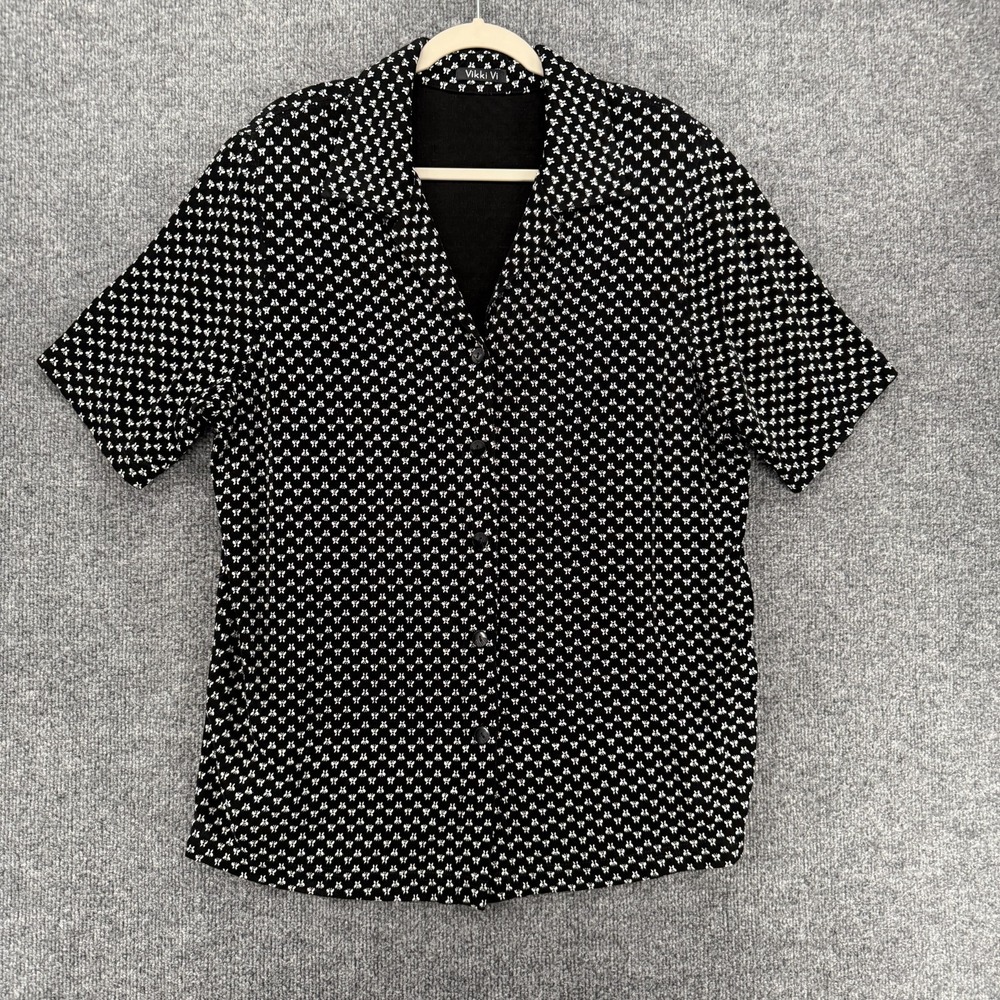 Vikki Vi Blouse Top Womens 2X Black Butterfly Slinky Button Up Short Sleeves